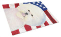 USA American Flag with Bichon Frise Cutting Board Tempered Glass Kitchen Cutting Surface, Heat Resistant Chopping, Non-Slip Feet, Food Prep & Serving