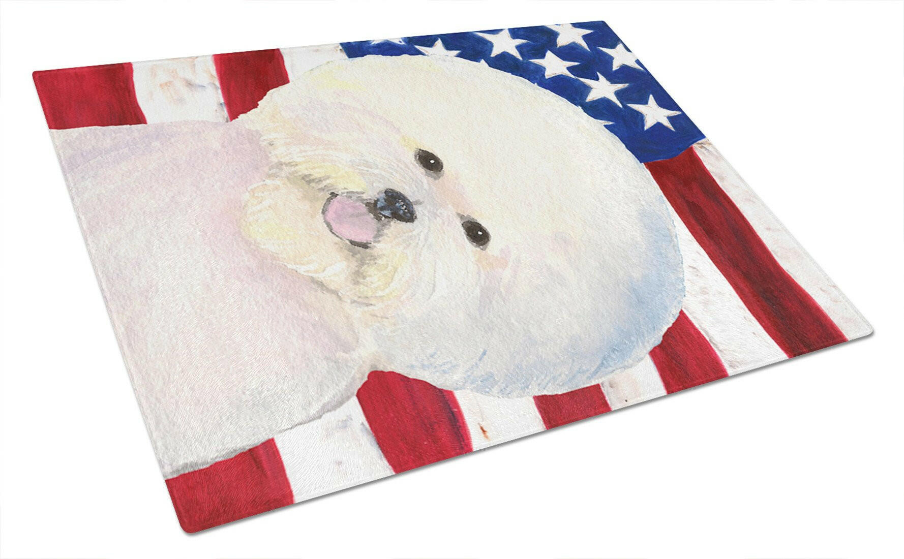 USA American Flag with Bichon Frise Cutting Board Tempered Glass Kitchen Cutting Surface, Heat Resistant Chopping, Non-Slip Feet, Food Prep & Serving