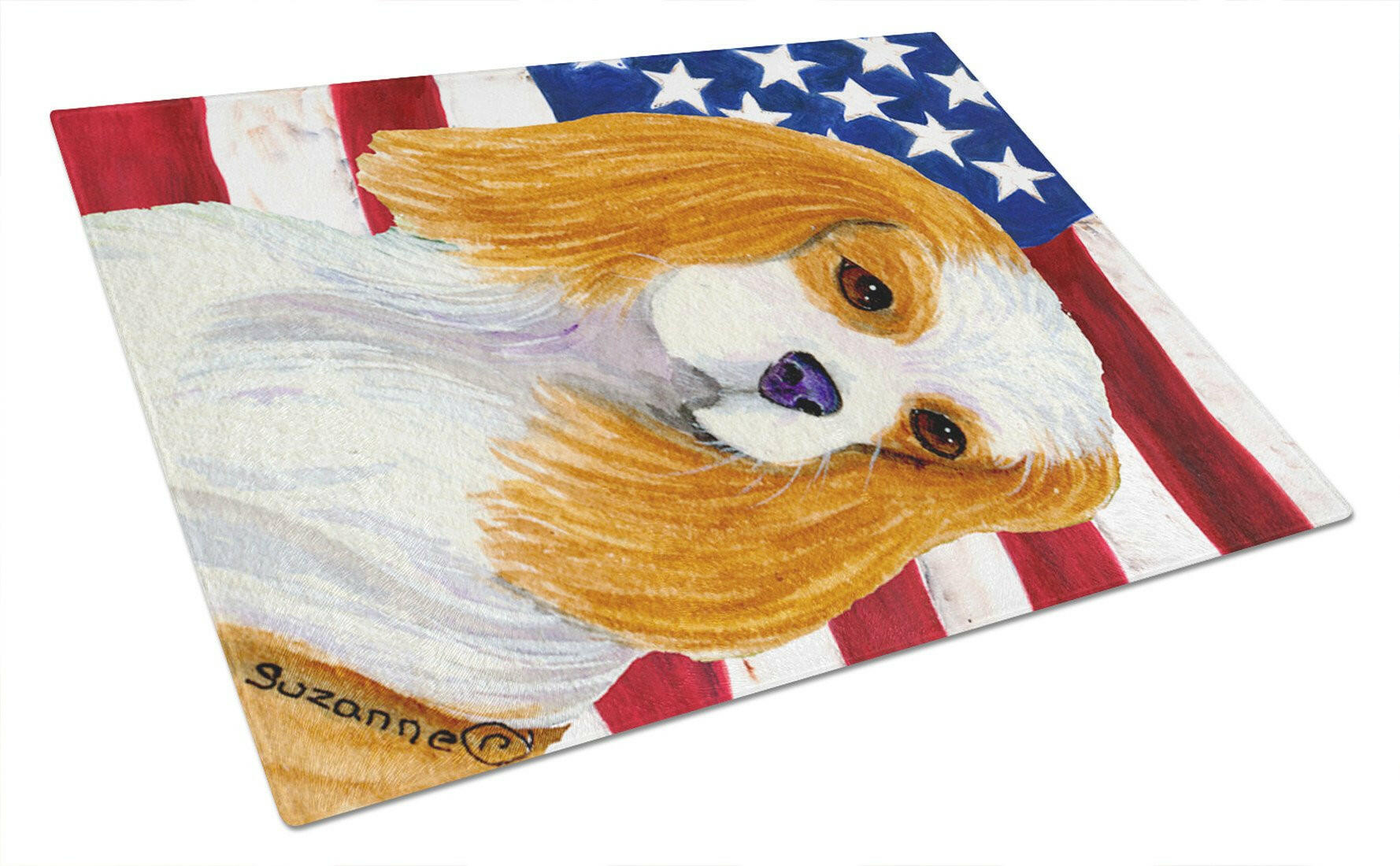 USA American Flag with Cavalier Spaniel Cutting Board Tempered Glass Kitchen Cutting Surface, Heat Resistant Chopping, Non-Slip Feet, Food Prep & Serving