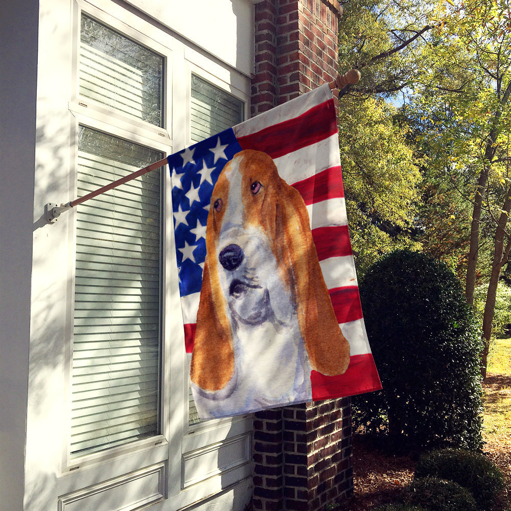 USA American Flag with Basset Hound House Flag 28x40 Porch Sleeve Pole Decorative Outside Yard Banner Artwork Wall Hanging, Polyester
