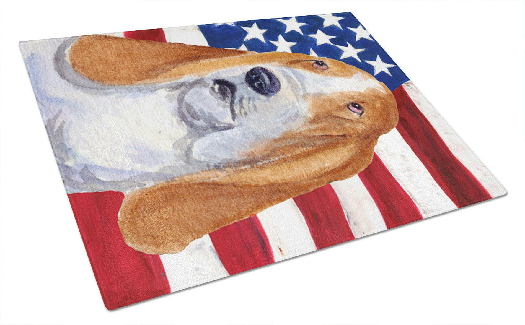 USA American Flag with Basset Hound Cutting Board Tempered Glass Kitchen Cutting Surface, Heat Resistant Chopping, Non-Slip Feet, Food Prep & Serving