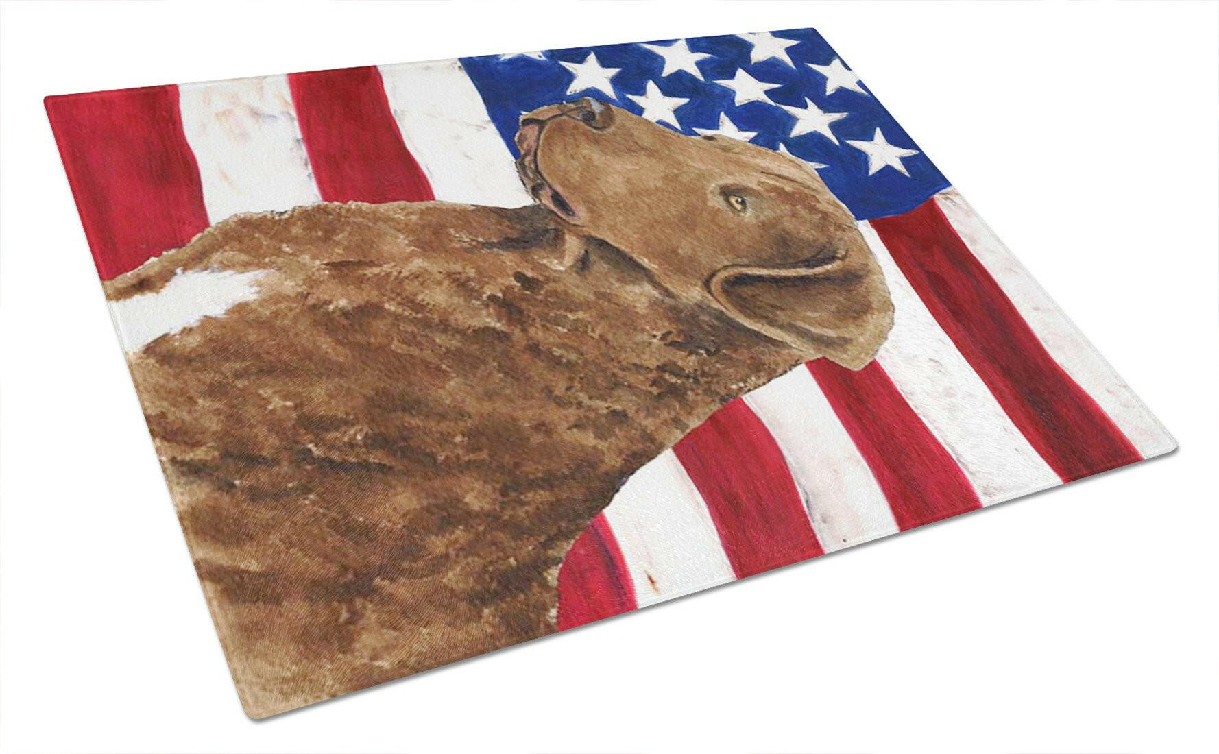 USA American Flag with Curly Coated Retriever Cutting Board Tempered Glass Kitchen Cutting Surface, Heat Resistant Chopping, Non-Slip Feet, Food Prep & Serving