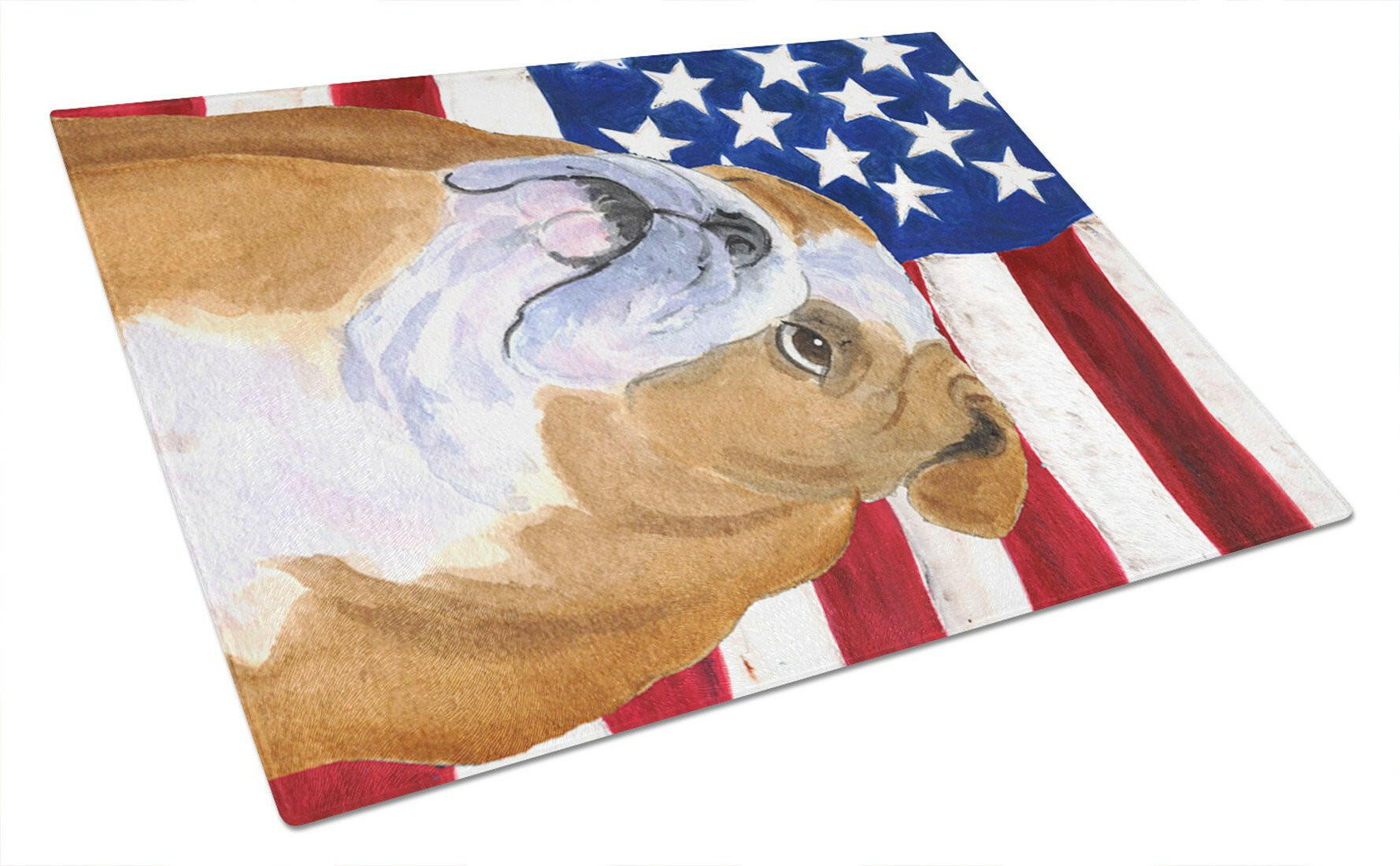 USA American Flag with Bulldog English Cutting Board Tempered Glass Kitchen Cutting Surface, Heat Resistant Chopping, Non-Slip Feet, Food Prep & Serving