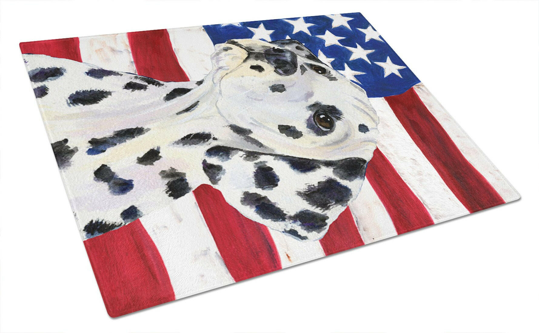USA American Flag with Dalmatian Cutting Board Tempered Glass Kitchen Cutting Surface, Heat Resistant Chopping, Non-Slip Feet, Food Prep & Serving