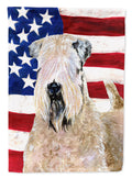 USA American Flag with Wheaten Terrier Soft Coated House Flag 28x40 Porch Sleeve Pole Decorative Outside Yard Banner Artwork Wall Hanging, Polyester