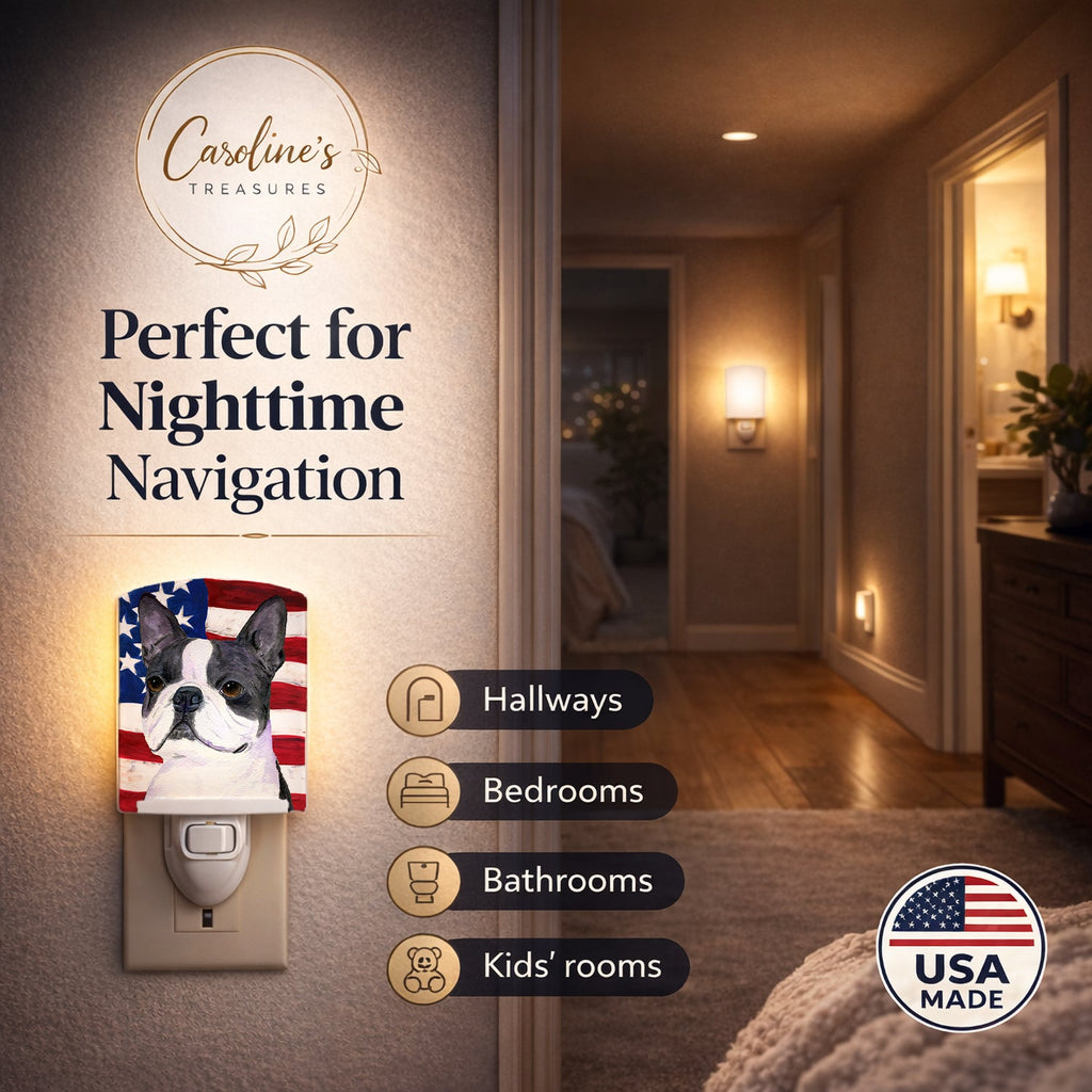 USA American Flag with Boston Terrier Ceramic Night Light Compact, UL-Certified, Ideal for Bedroom, Bathroom, Nursery, Hallway, Kitchen, 6x4x3, Multicolor