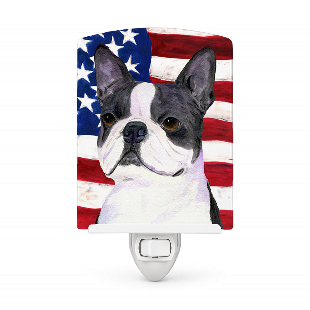USA American Flag with Boston Terrier Ceramic Night Light Compact, UL-Certified, Ideal for Bedroom, Bathroom, Nursery, Hallway, Kitchen, 6x4x3, Multicolor