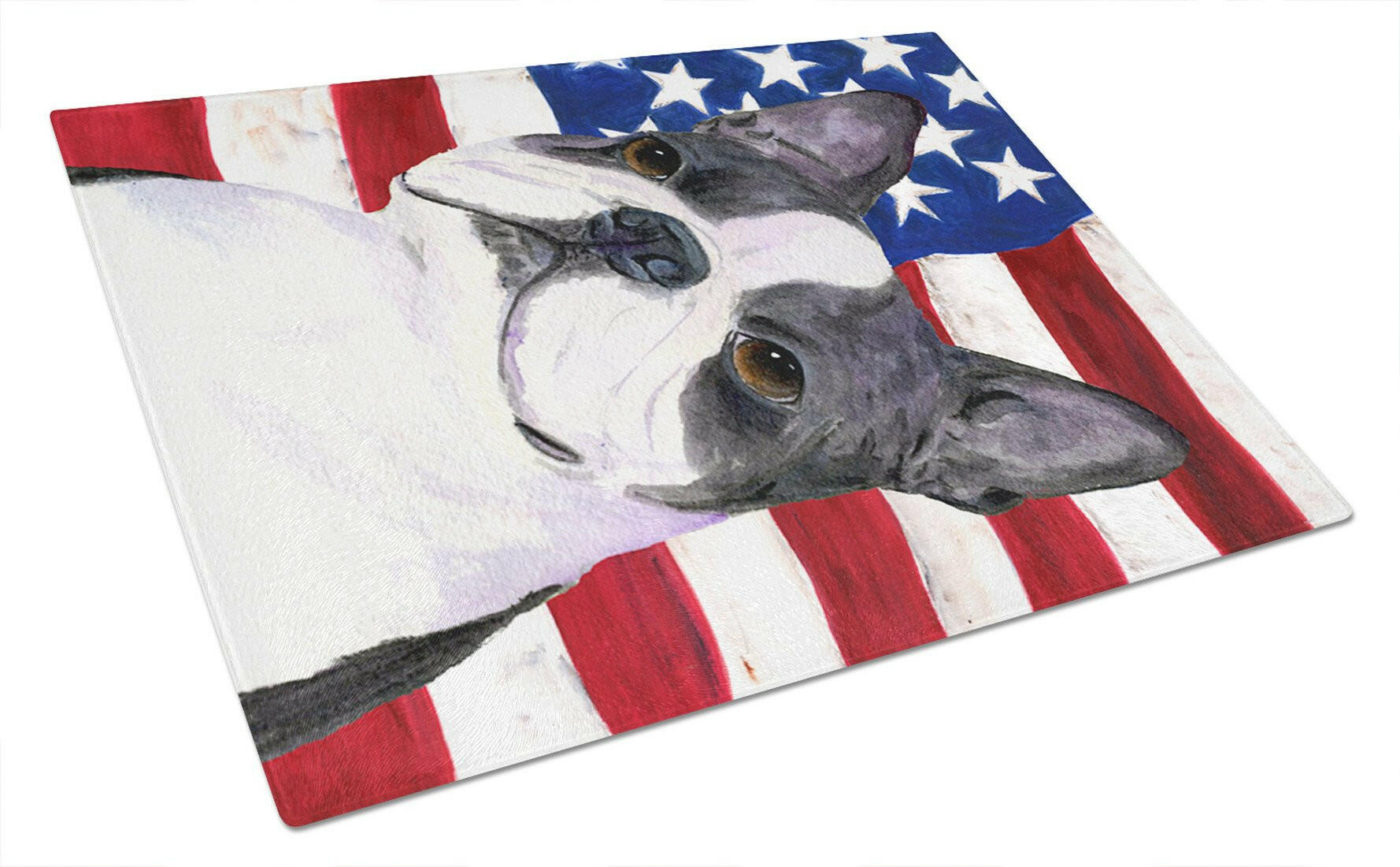 USA American Flag with Boston Terrier Cutting Board Tempered Glass Kitchen Cutting Surface, Heat Resistant Chopping, Non-Slip Feet, Food Prep & Serving