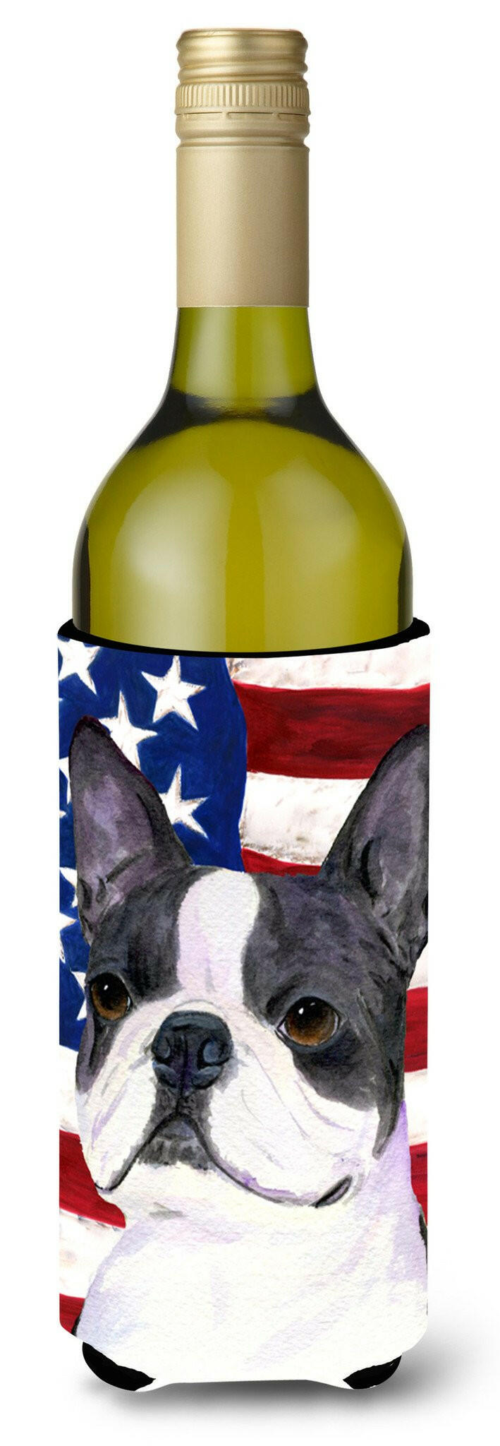 USA American Flag with Boston Terrier Wine Bottle Hugger Gift Sleeve for Standard 750 ml Bottles, Insulated Reusable Also Fits Mini Shot & Pint Bottles