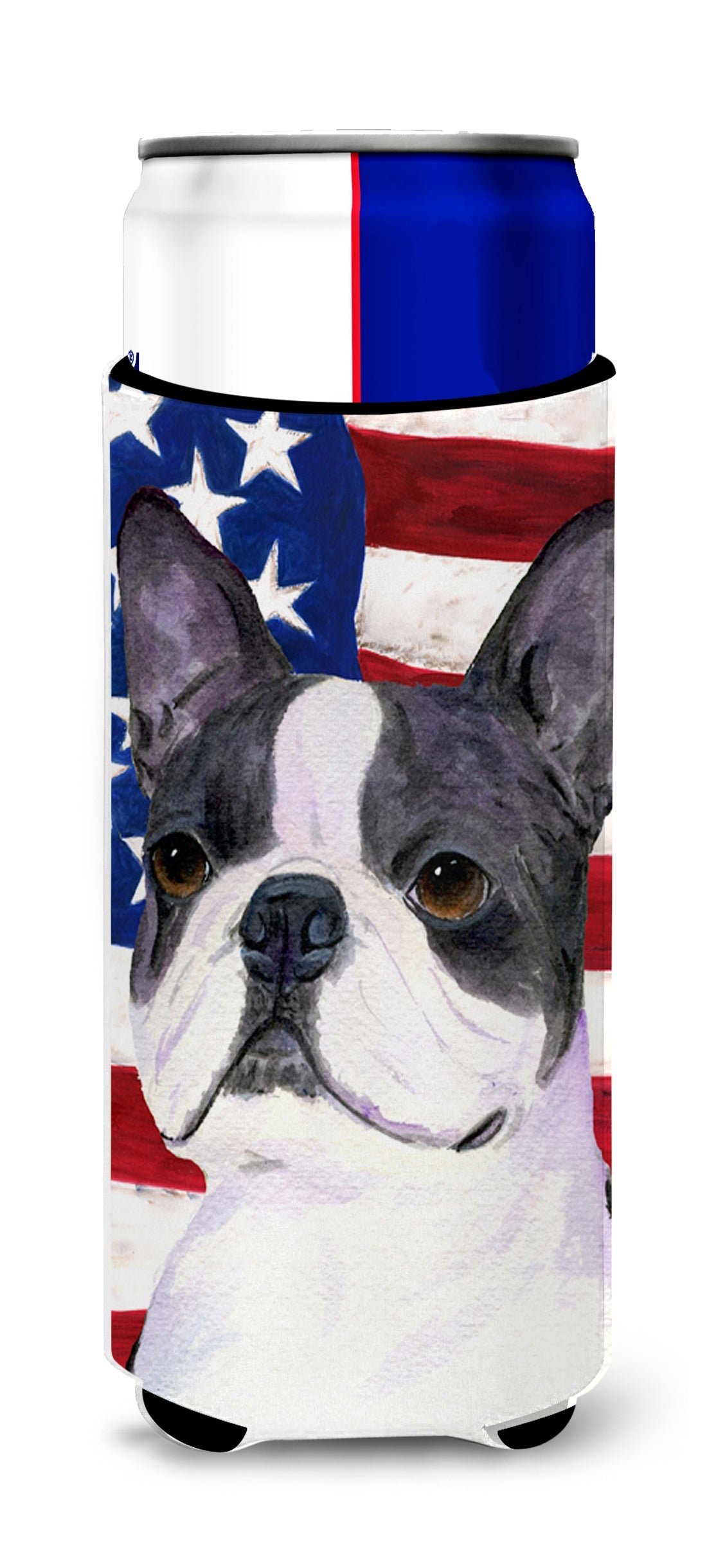 USA American Flag with Boston Terrier Slim Can Hugger , Insulated Foam Hugger for 12 oz Slim Cans, Beer Bottles & Water Bottles, Printed in USA