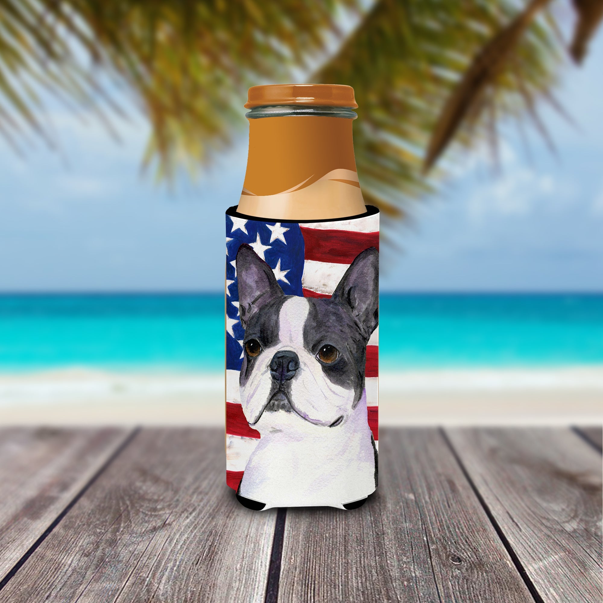 USA American Flag with Boston Terrier Slim Can Hugger , Insulated Foam Hugger for 12 oz Slim Cans, Beer Bottles & Water Bottles, Printed in USA