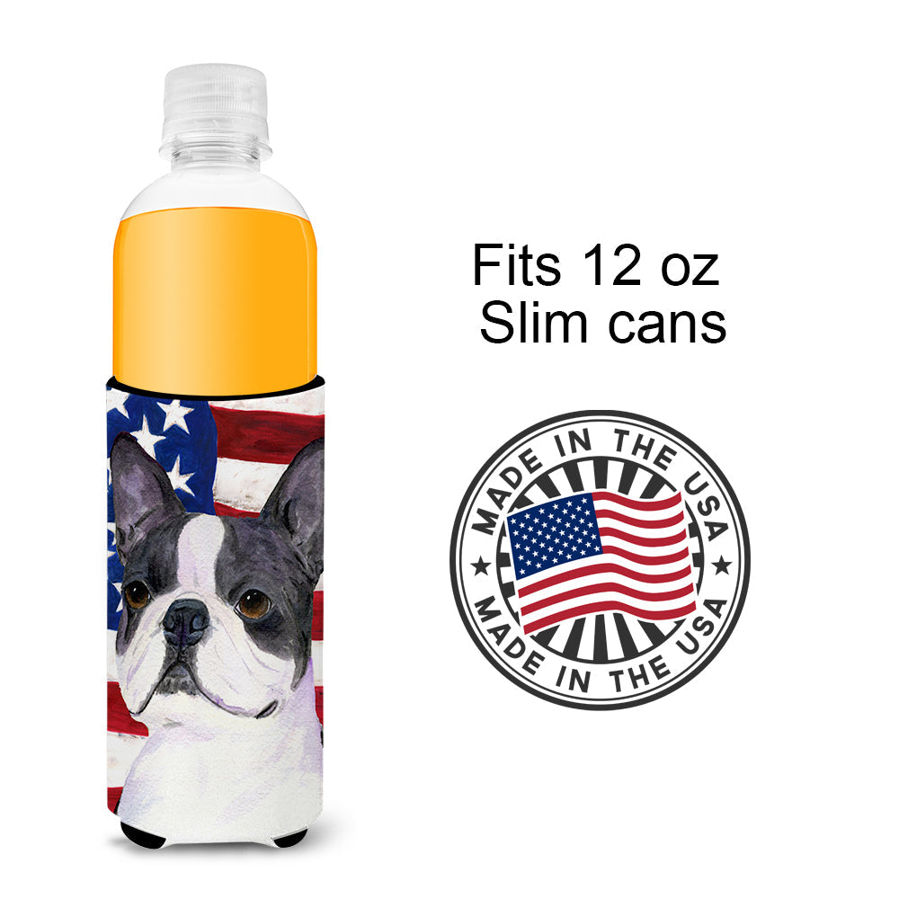 USA American Flag with Boston Terrier Slim Can Hugger , Insulated Foam Hugger for 12 oz Slim Cans, Beer Bottles & Water Bottles, Printed in USA