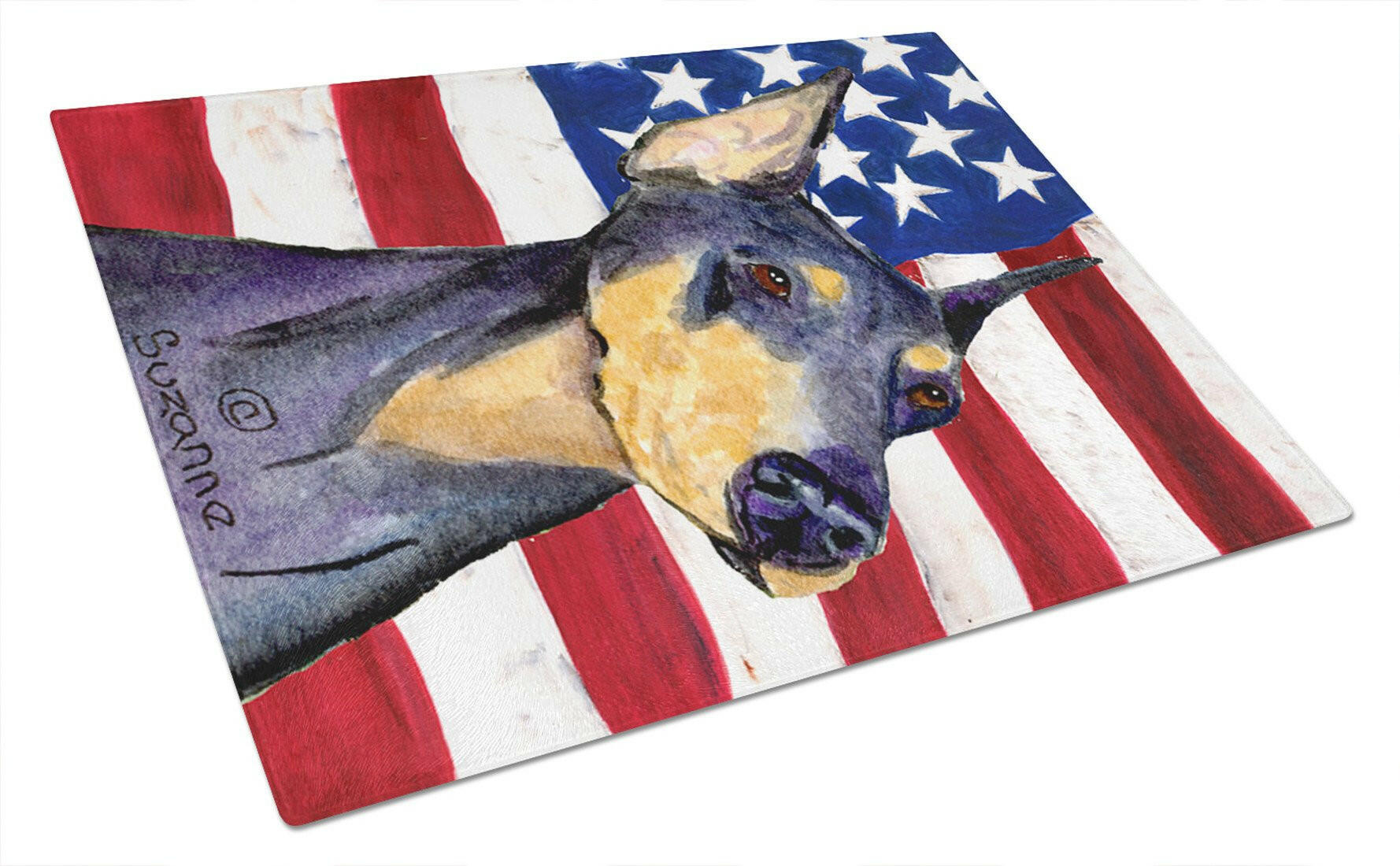USA American Flag with Doberman Cutting Board Tempered Glass Kitchen Cutting Surface, Heat Resistant Chopping, Non-Slip Feet, Food Prep & Serving