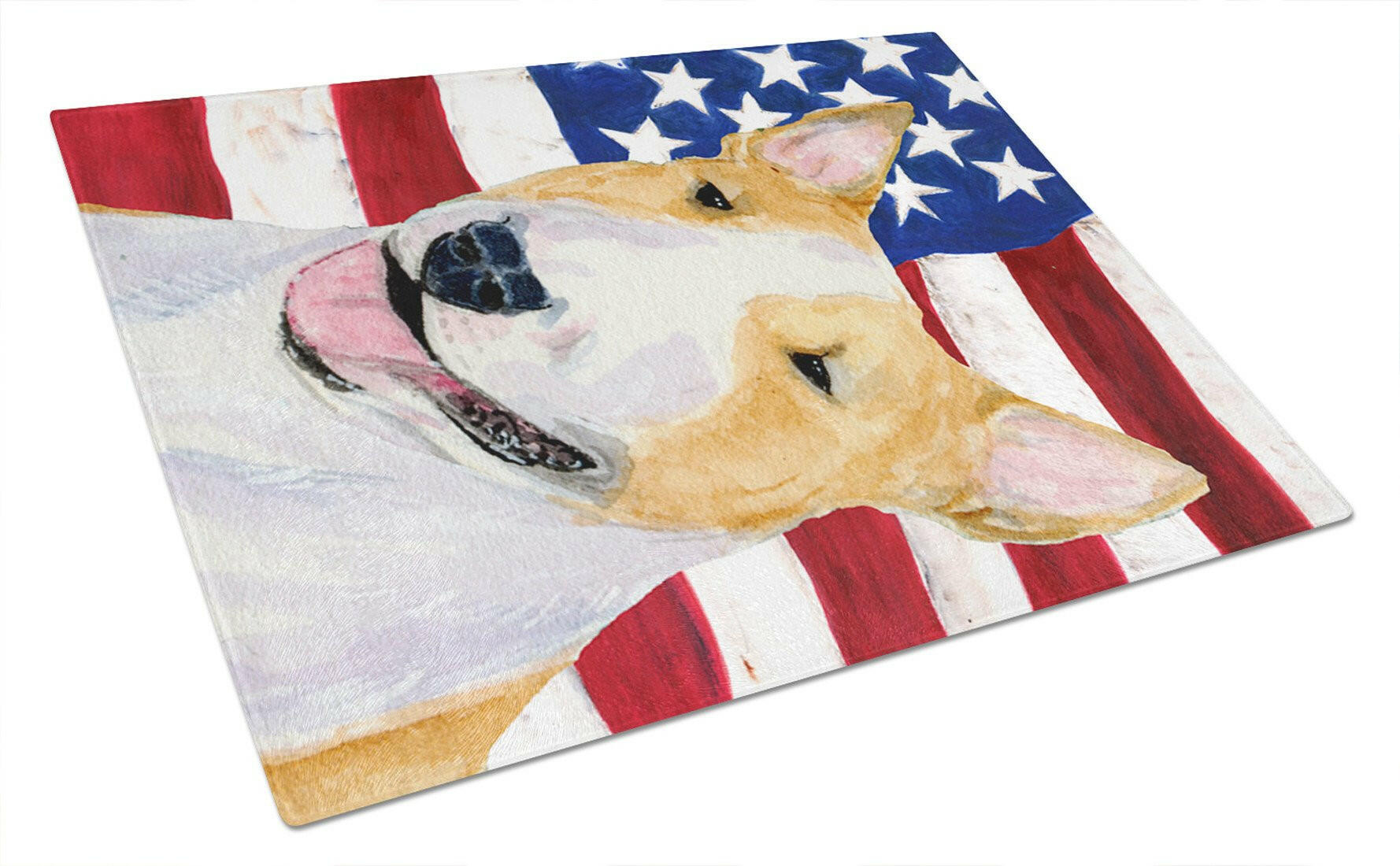 USA American Flag with Bull Terrier Cutting Board Tempered Glass Kitchen Cutting Surface, Heat Resistant Chopping, Non-Slip Feet, Food Prep & Serving