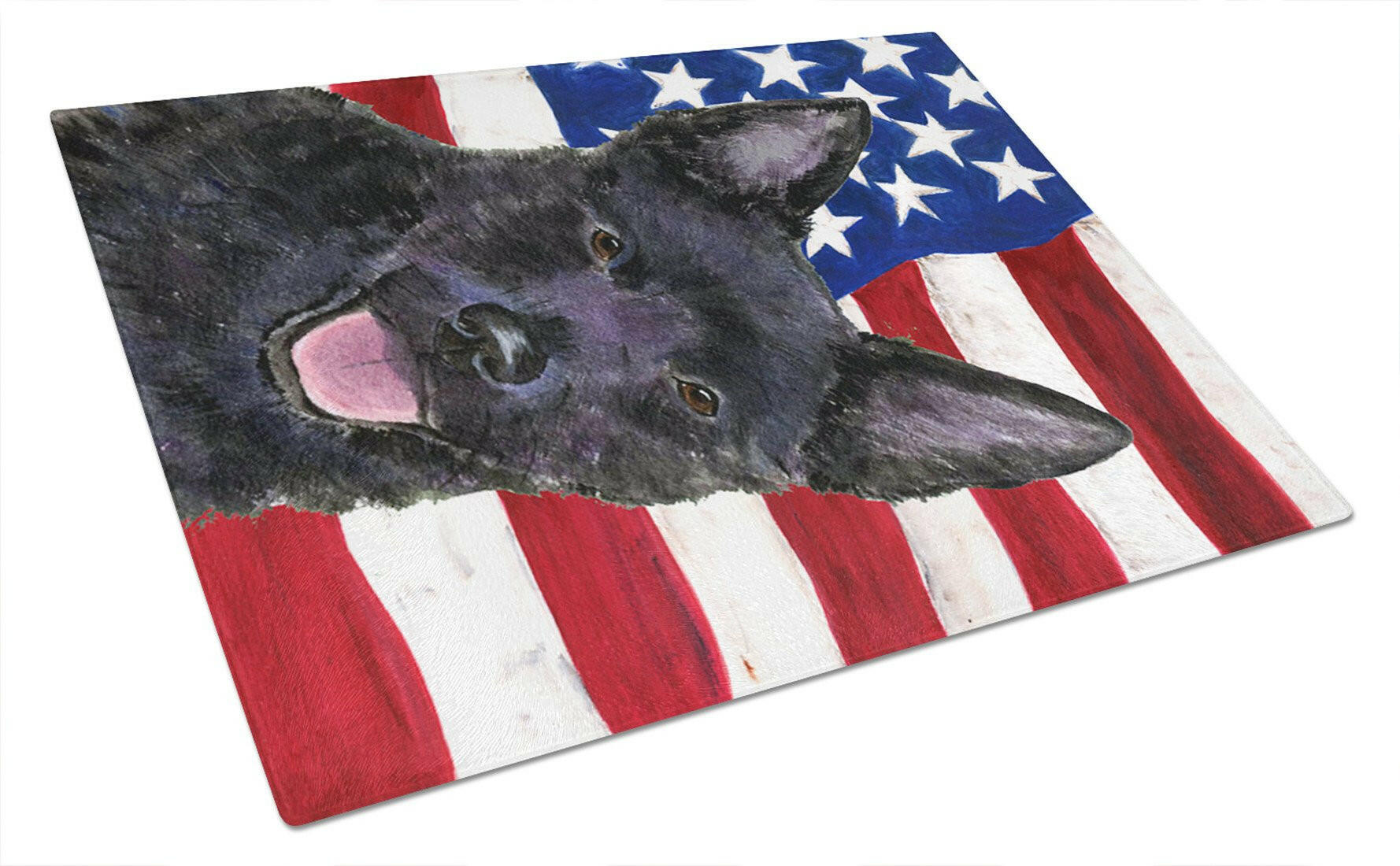 USA American Flag with Australian Kelpie Cutting Board Tempered Glass Kitchen Cutting Surface, Heat Resistant Chopping, Non-Slip Feet, Food Prep & Serving