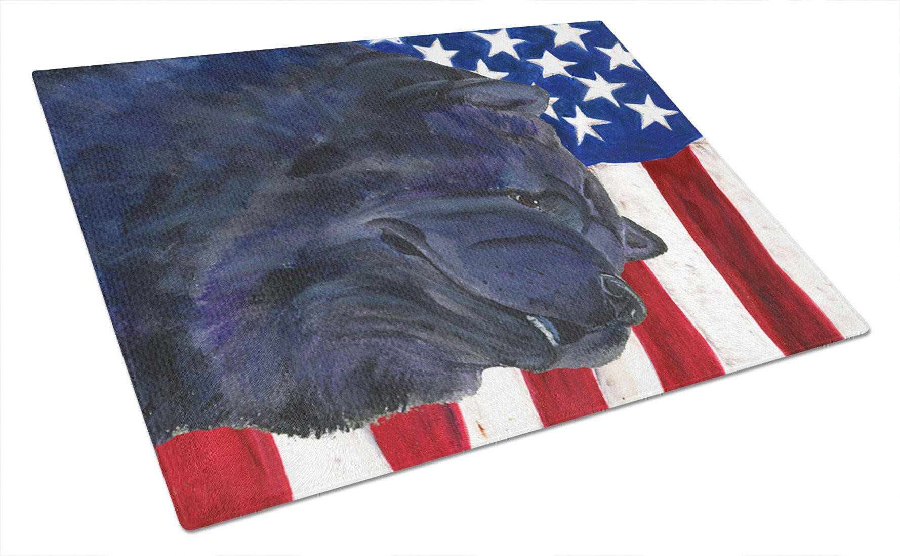 USA American Flag with Chow Chow Cutting Board Tempered Glass Kitchen Cutting Surface, Heat Resistant Chopping, Non-Slip Feet, Food Prep & Serving