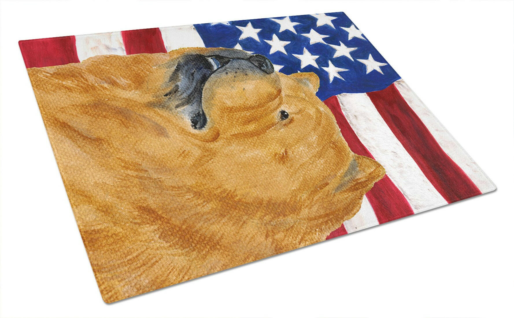 USA American Flag with Chow Chow Cutting Board Tempered Glass Kitchen Cutting Surface, Heat Resistant Chopping, Non-Slip Feet, Food Prep & Serving
