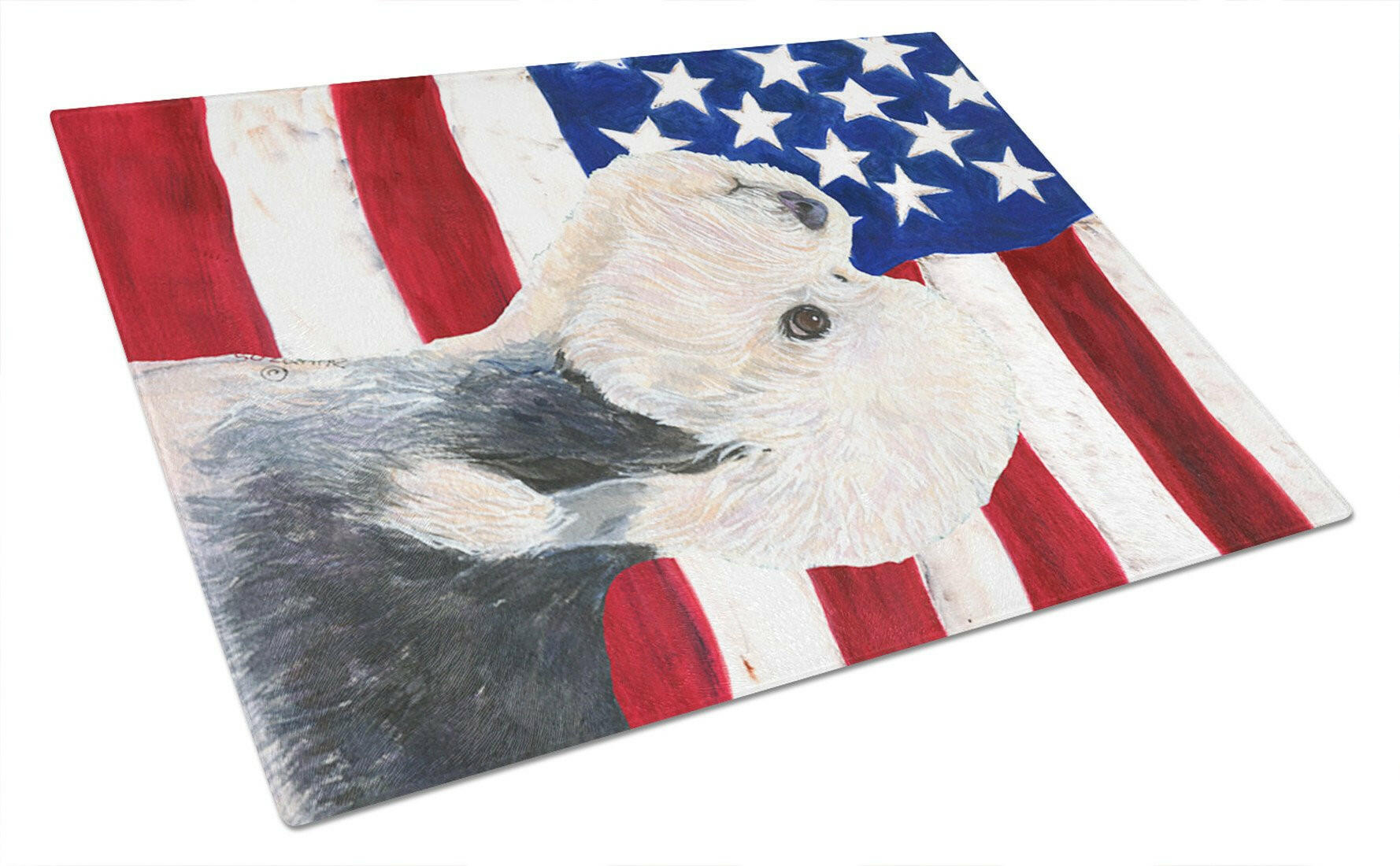 USA American Flag with Dandie Dinmont Terrier Cutting Board Tempered Glass Kitchen Cutting Surface, Heat Resistant Chopping, Non-Slip Feet, Food Prep & Serving