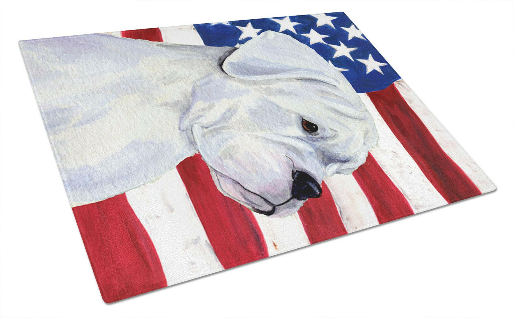 USA American Flag with Boxer Cutting Board Tempered Glass Kitchen Cutting Surface, Heat Resistant Chopping, Non-Slip Feet, Food Prep & Serving