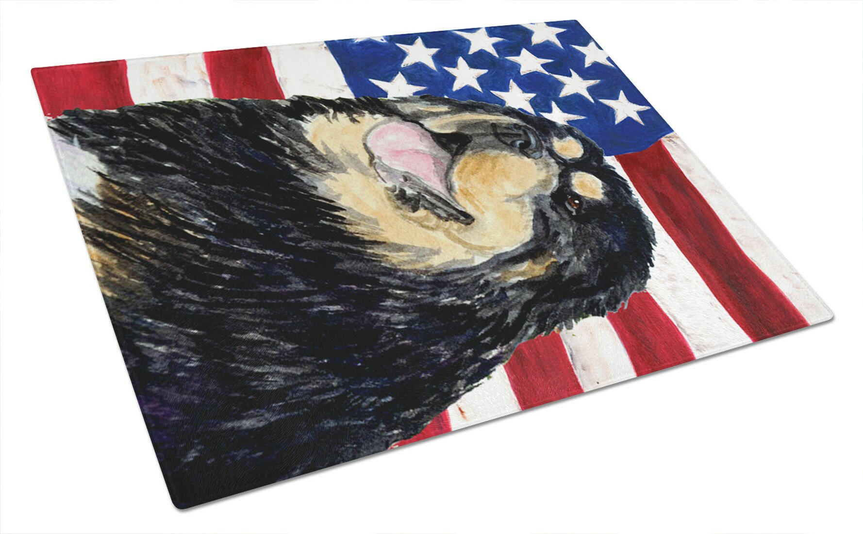 USA American Flag with Tibetan Mastiff Cutting Board Tempered Glass Kitchen Cutting Surface, Heat Resistant Chopping, Non-Slip Feet, Food Prep & Serving
