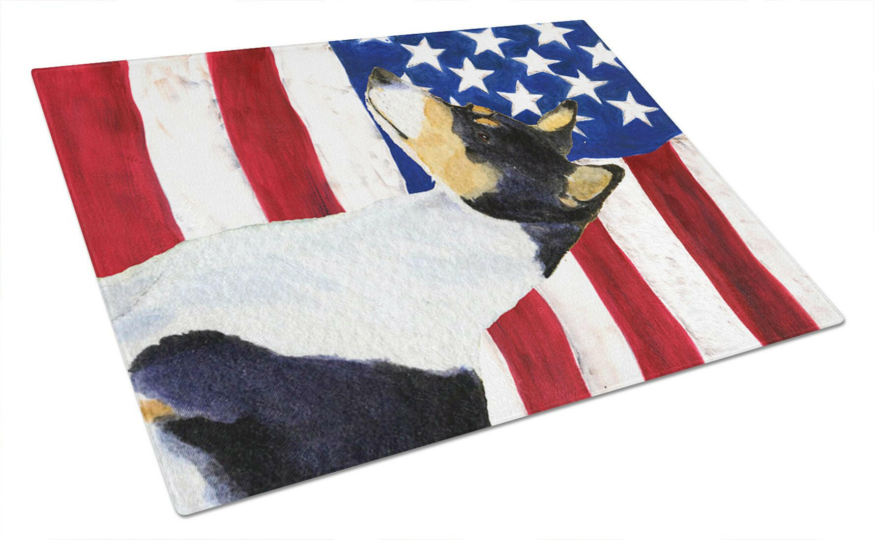 USA American Flag with Basenji Cutting Board Tempered Glass Kitchen Cutting Surface, Heat Resistant Chopping, Non-Slip Feet, Food Prep & Serving