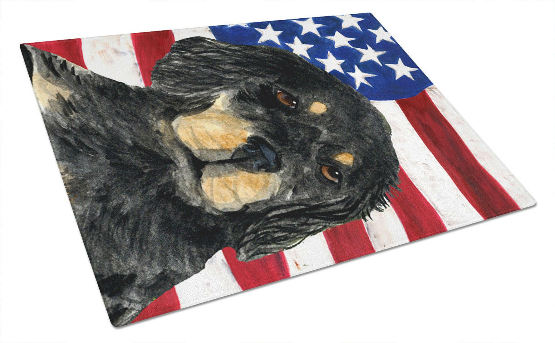 USA American Flag with Gordon Setter Cutting Board Tempered Glass Kitchen Cutting Surface, Heat Resistant Chopping, Non-Slip Feet, Food Prep & Serving