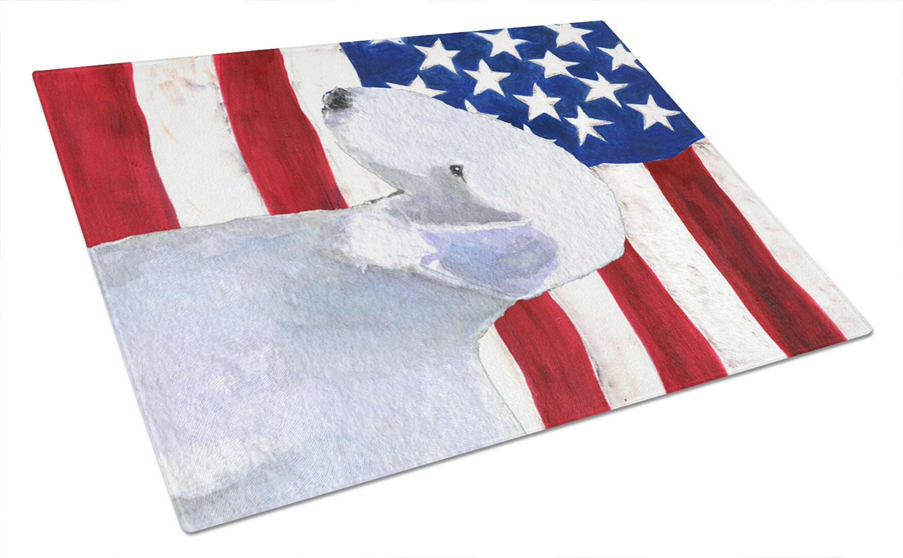 USA American Flag with Bedlington Terrier Cutting Board Tempered Glass Kitchen Cutting Surface, Heat Resistant Chopping, Non-Slip Feet, Food Prep & Serving