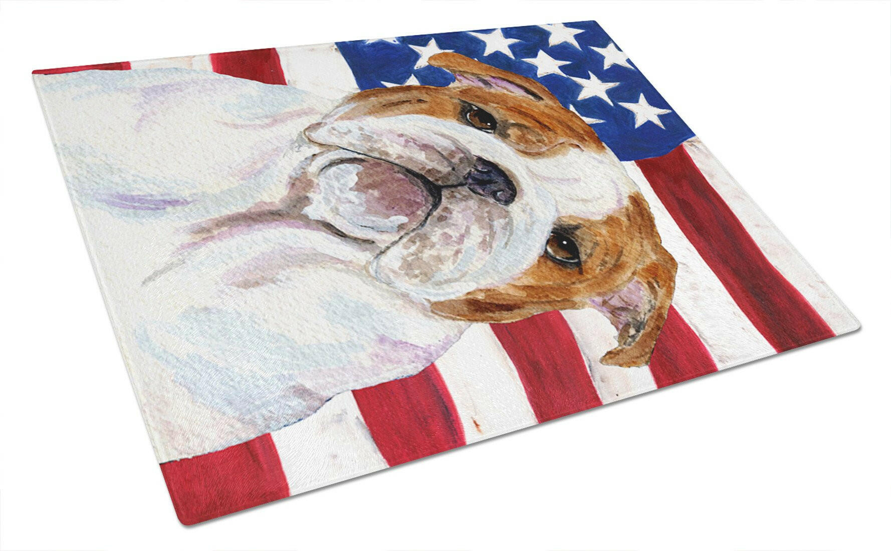 USA American Flag with Bulldog English Cutting Board Tempered Glass Kitchen Cutting Surface, Heat Resistant Chopping, Non-Slip Feet, Food Prep & Serving