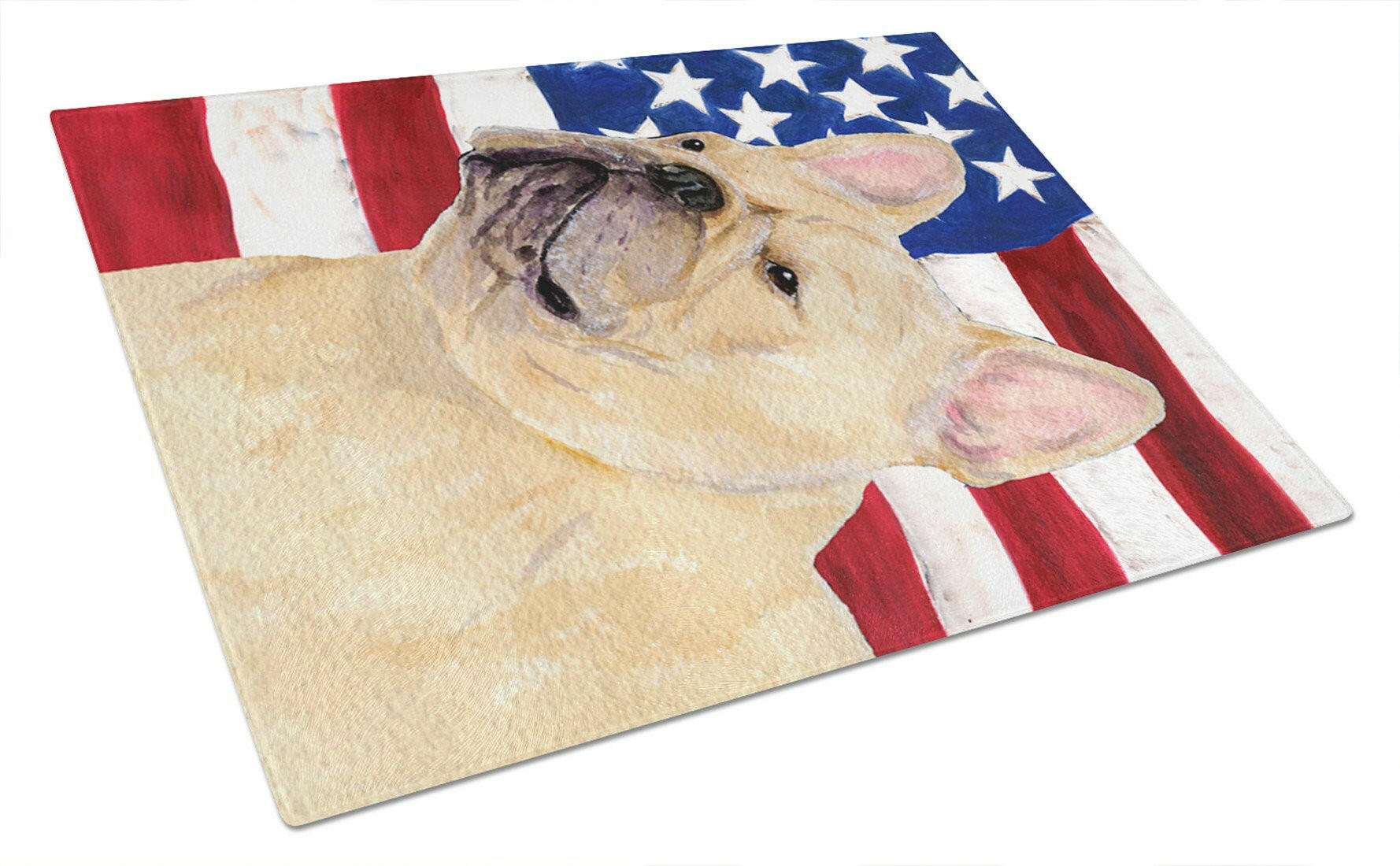 USA American Flag with French Bulldog Cutting Board Tempered Glass Kitchen Cutting Surface, Heat Resistant Chopping, Non-Slip Feet, Food Prep & Serving