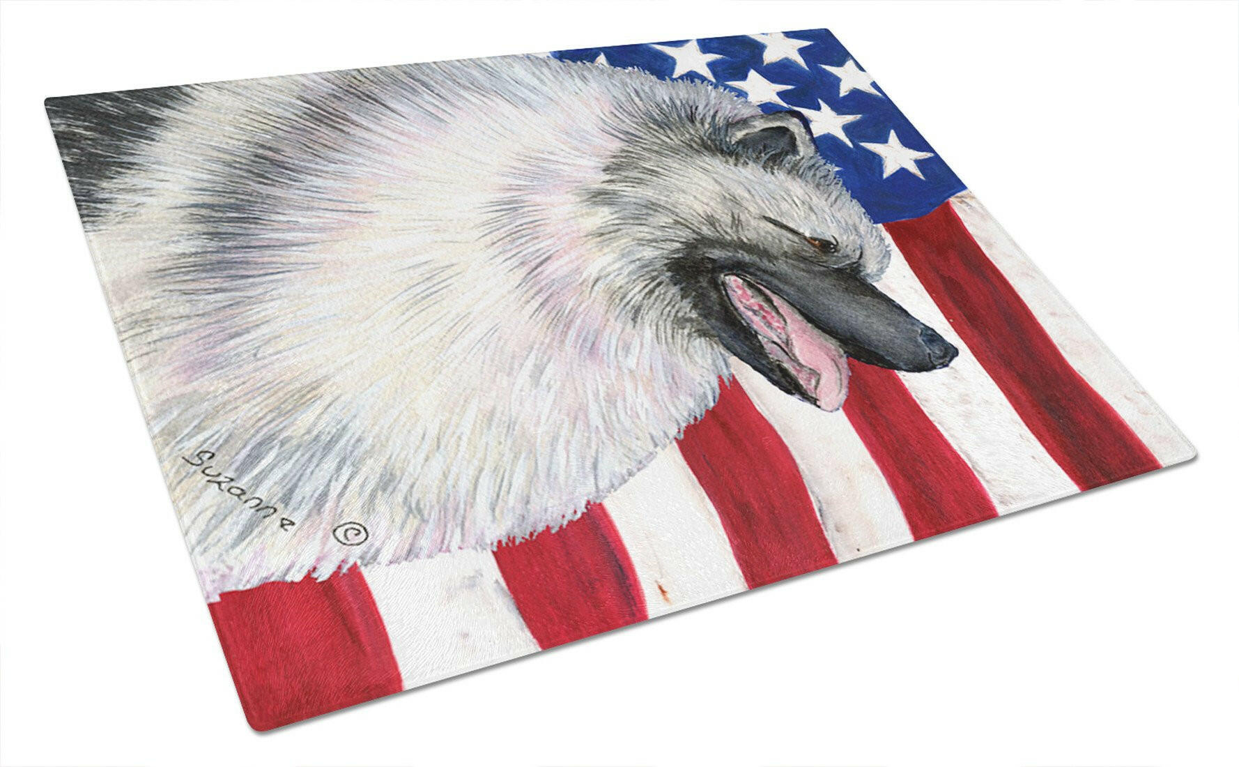 USA American Flag with Keeshond Cutting Board Tempered Glass Kitchen Cutting Surface, Heat Resistant Chopping, Non-Slip Feet, Food Prep & Serving