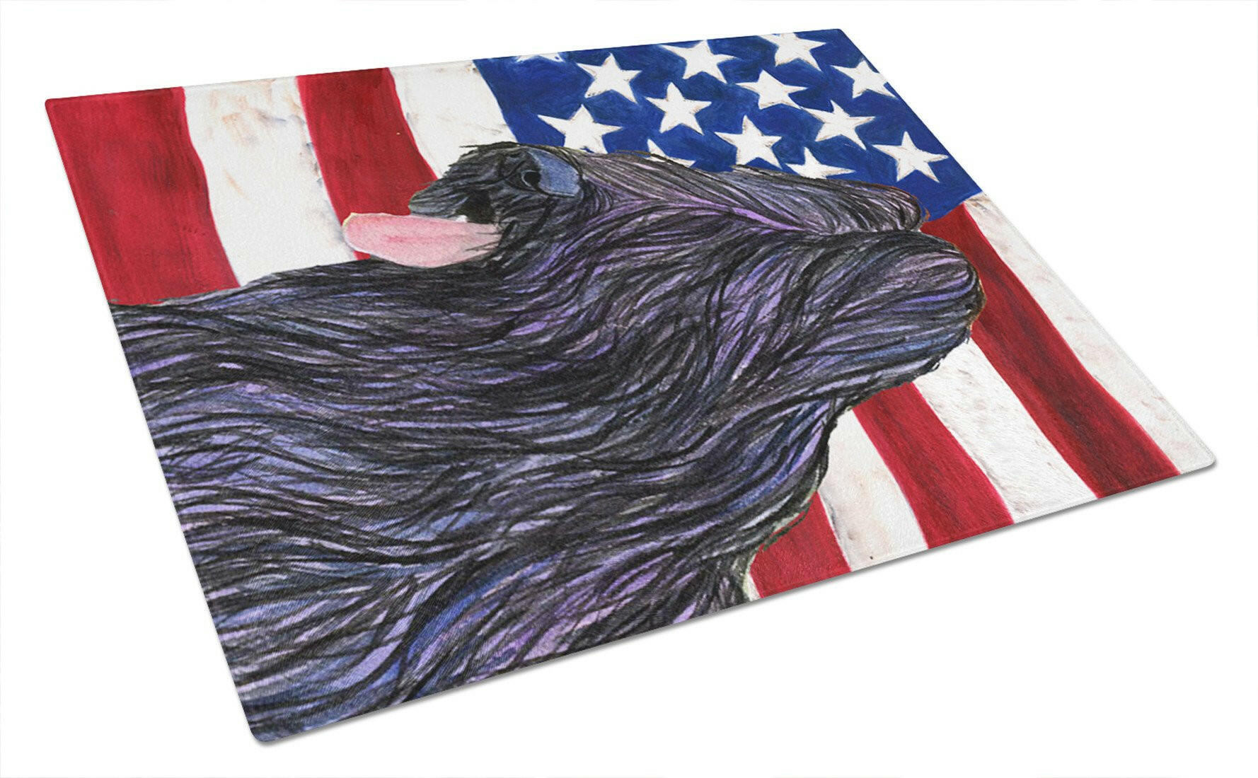 USA American Flag with Briard Cutting Board Tempered Glass Kitchen Cutting Surface, Heat Resistant Chopping, Non-Slip Feet, Food Prep & Serving