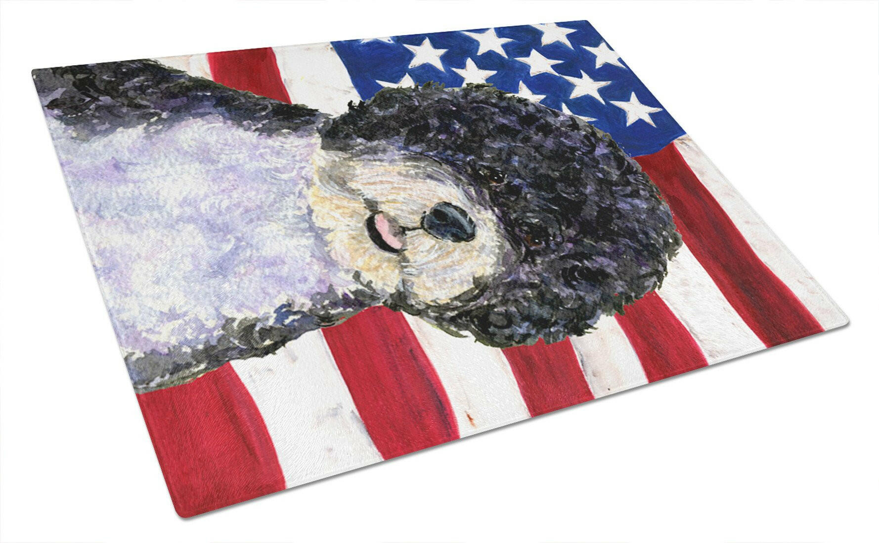 USA American Flag with Portuguese Water Dog Cutting Board Tempered Glass Kitchen Cutting Surface, Heat Resistant Chopping, Non-Slip Feet, Food Prep & Serving