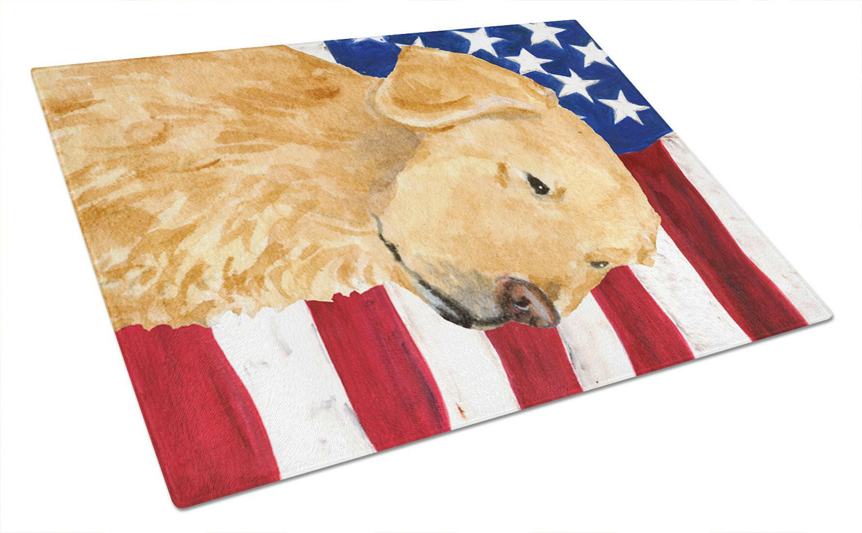 USA American Flag with Golden Retriever Cutting Board Tempered Glass Kitchen Cutting Surface, Heat Resistant Chopping, Non-Slip Feet, Food Prep & Serving