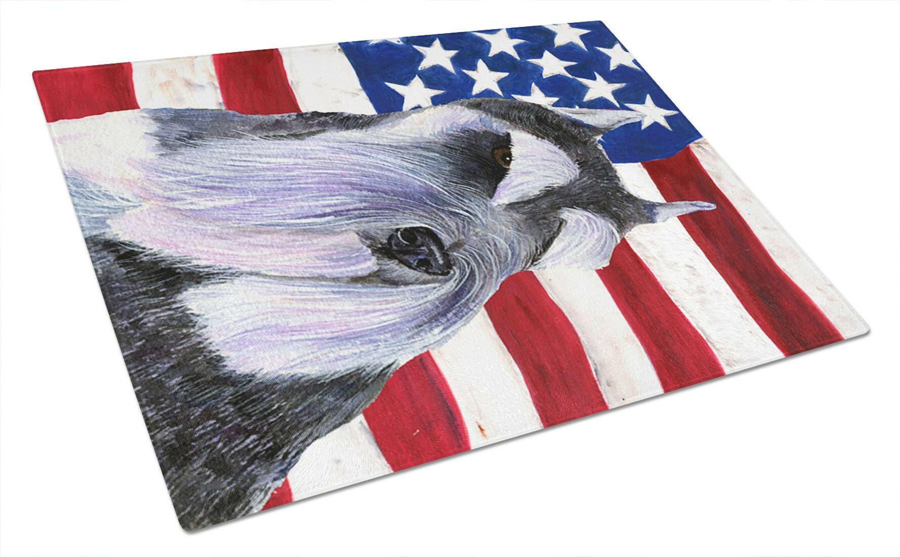 USA American Flag with Schnauzer Cutting Board Tempered Glass Kitchen Cutting Surface, Heat Resistant Chopping, Non-Slip Feet, Food Prep & Serving