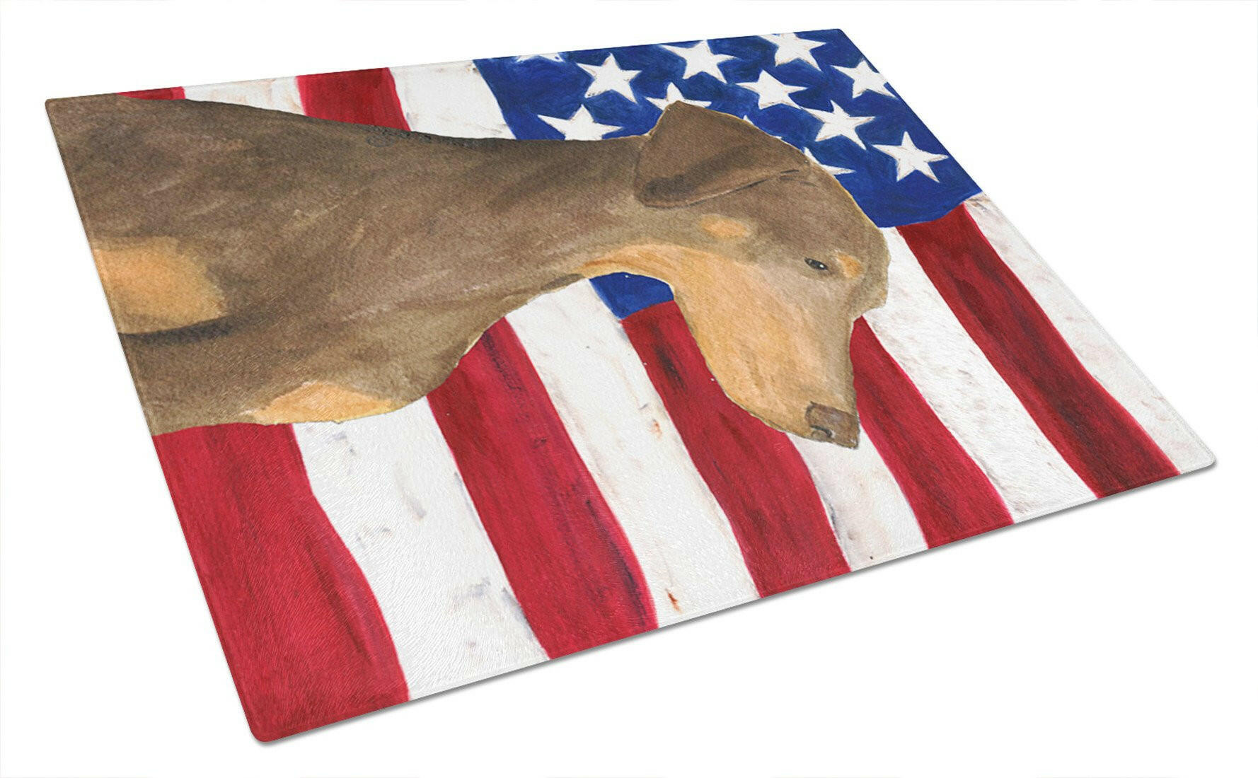USA American Flag with Doberman Cutting Board Tempered Glass Kitchen Cutting Surface, Heat Resistant Chopping, Non-Slip Feet, Food Prep & Serving