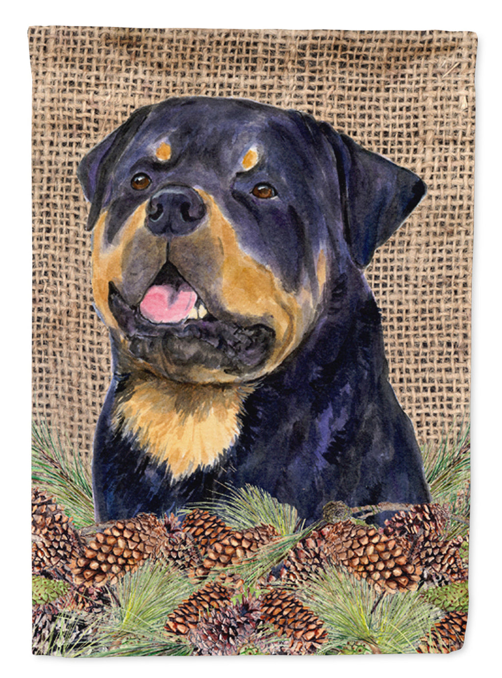 Rottweiler on Faux Burlap with Pine Cones House Flag 28x40 Porch Sleeve Pole Decorative Outside Yard Banner Artwork Wall Hanging, Polyester