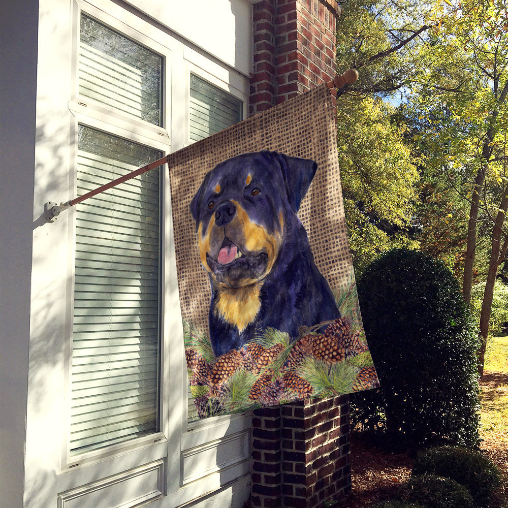 Rottweiler on Faux Burlap with Pine Cones House Flag 28x40 Porch Sleeve Pole Decorative Outside Yard Banner Artwork Wall Hanging, Polyester