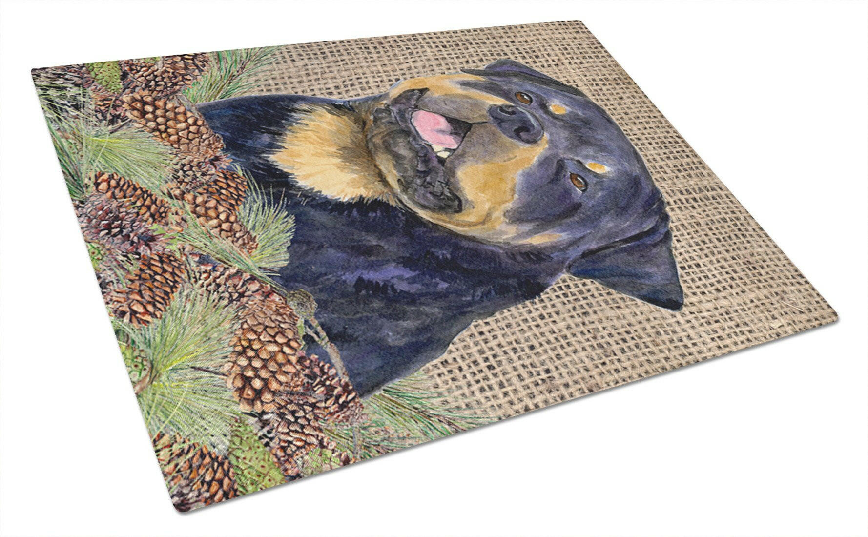 Rottweiler on Faux Burlap with Pine Cones Cutting Board Tempered Glass Kitchen Cutting Surface, Heat Resistant Chopping, Non-Slip Feet, Food Prep & Serving