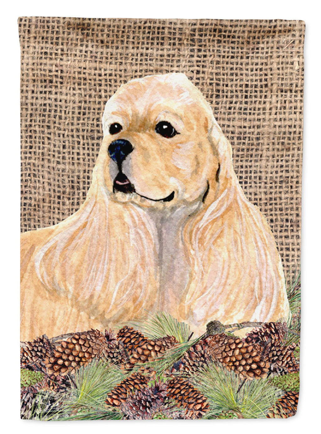 Cocker Spaniel  on Faux Burlap with Pine Cones House Flag 28x40 Porch Sleeve Pole Decorative Outside Yard Banner Artwork Wall Hanging, Polyester