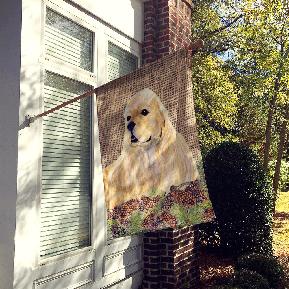 Cocker Spaniel  on Faux Burlap with Pine Cones House Flag 28x40 Porch Sleeve Pole Decorative Outside Yard Banner Artwork Wall Hanging, Polyester