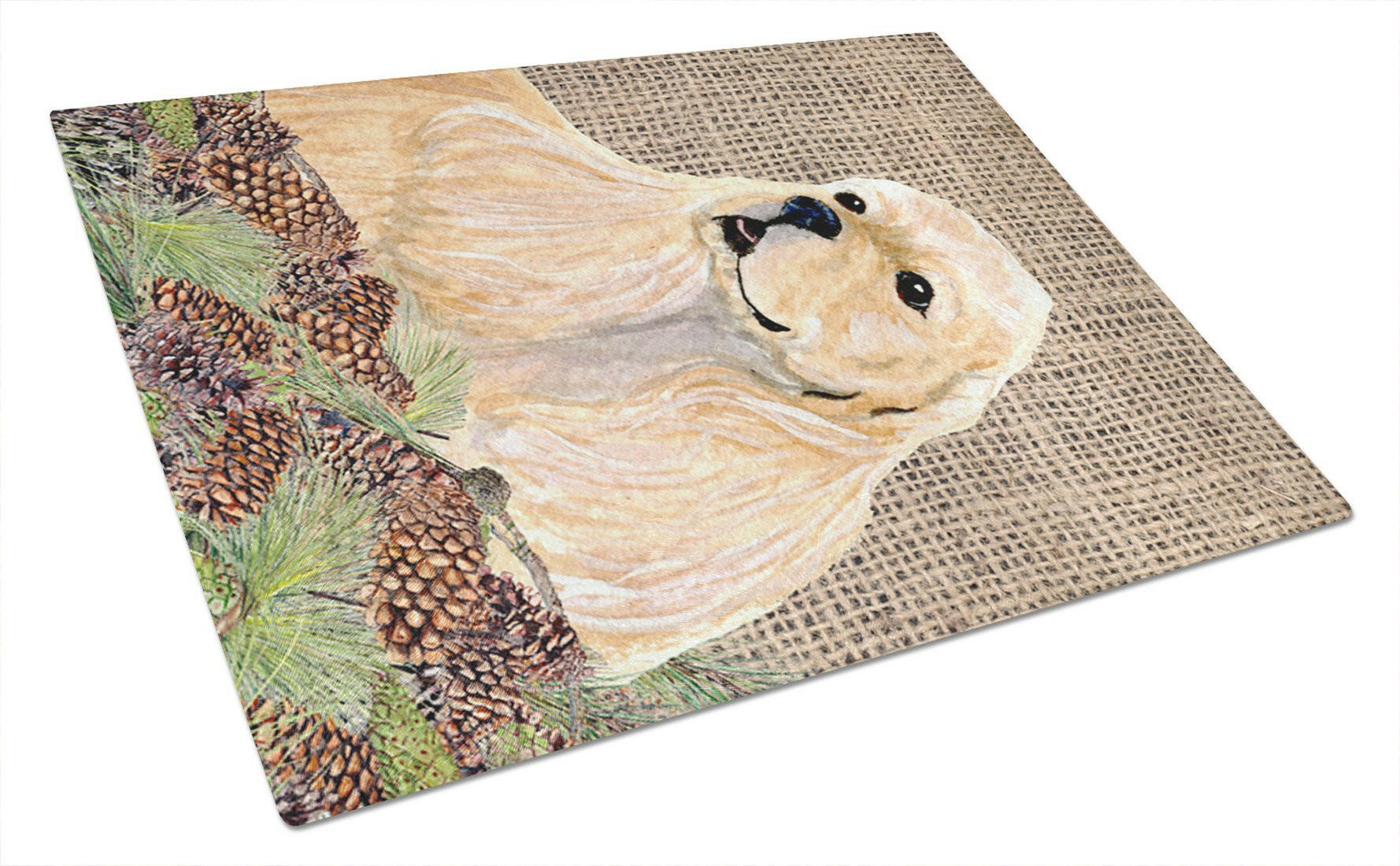Cocker Spaniel  on Faux Burlap with Pine Cones Cutting Board Tempered Glass Kitchen Cutting Surface, Heat Resistant Chopping, Non-Slip Feet, Food Prep & Serving