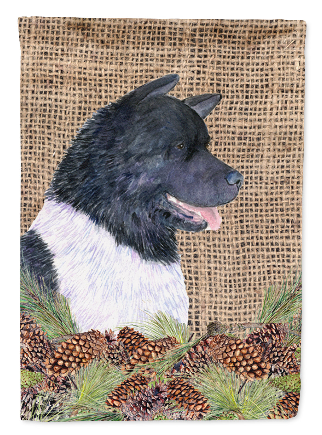 Akita on Faux Burlap with Pine Cones House Flag 28x40 Porch Sleeve Pole Decorative Outside Yard Banner Artwork Wall Hanging, Polyester