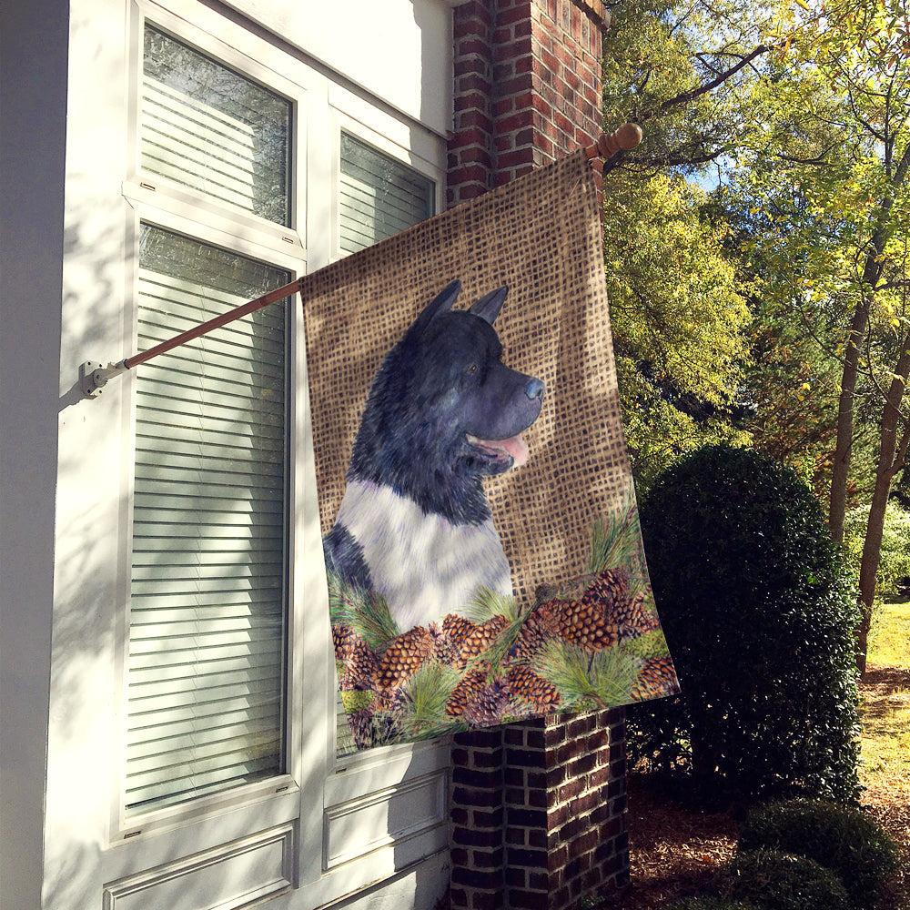 Akita on Faux Burlap with Pine Cones House Flag 28x40 Porch Sleeve Pole Decorative Outside Yard Banner Artwork Wall Hanging, Polyester