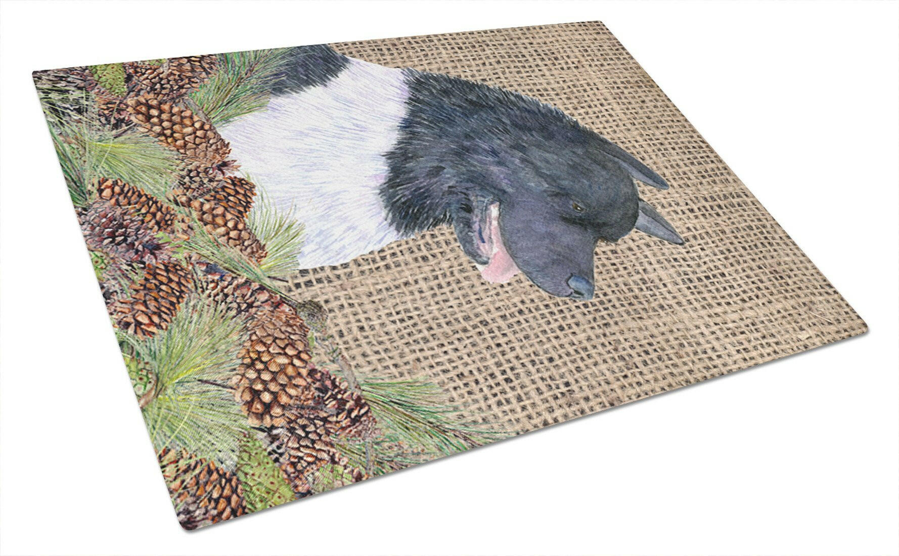 Akita on Faux Burlap with Pine Cones Cutting Board Tempered Glass Kitchen Cutting Surface, Heat Resistant Chopping, Non-Slip Feet, Food Prep & Serving