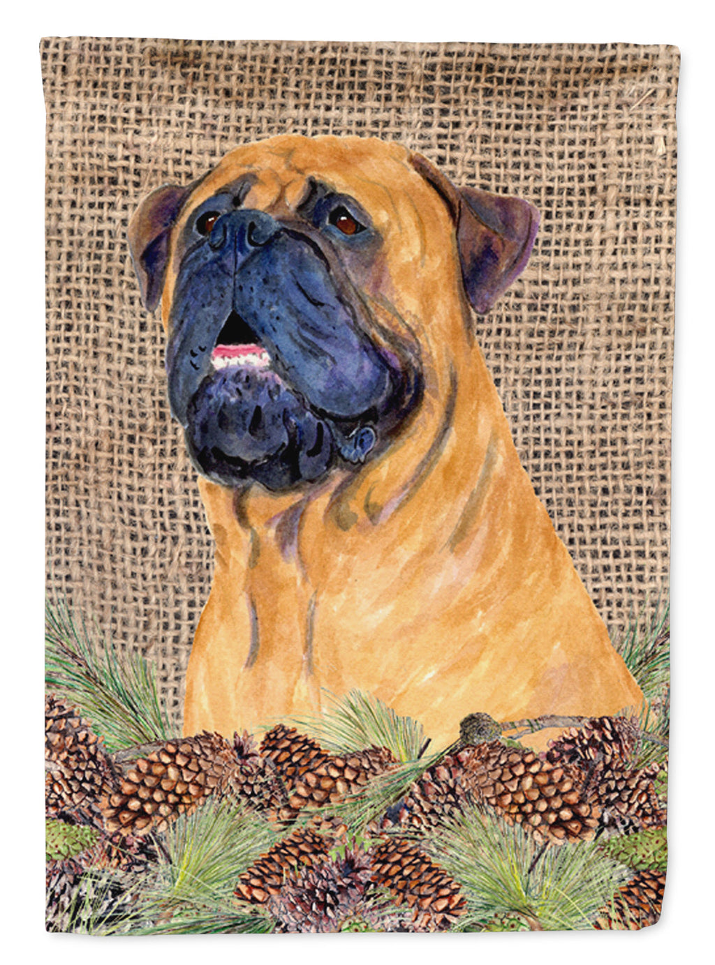 Bullmastiff on Faux Burlap with Pine Cones House Flag 28x40 Porch Sleeve Pole Decorative Outside Yard Banner Artwork Wall Hanging, Polyester