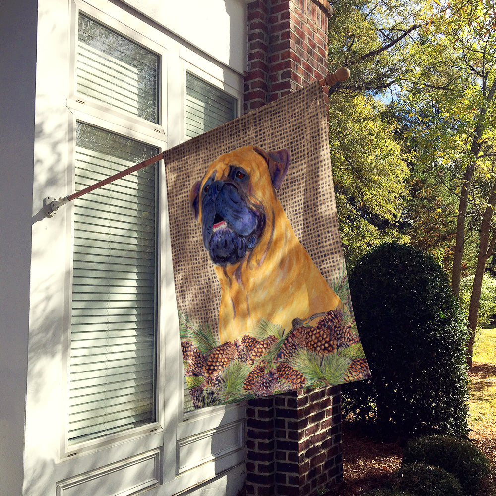 Bullmastiff on Faux Burlap with Pine Cones House Flag 28x40 Porch Sleeve Pole Decorative Outside Yard Banner Artwork Wall Hanging, Polyester