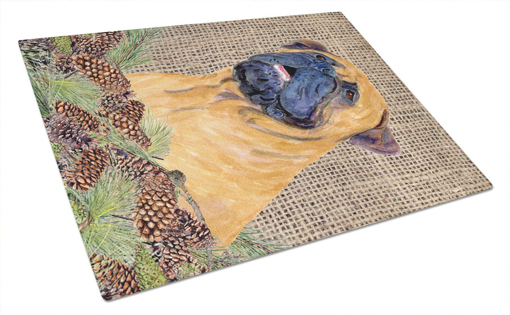 Bullmastiff on Faux Burlap with Pine Cones Cutting Board Tempered Glass Kitchen Cutting Surface, Heat Resistant Chopping, Non-Slip Feet, Food Prep & Serving