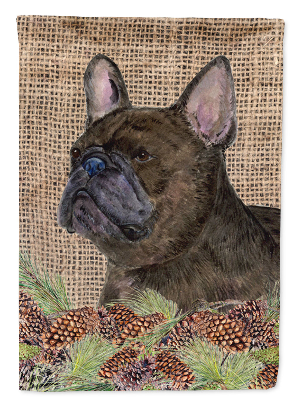 French Bulldog on Faux Burlap with Pine Cones House Flag 28x40 Porch Sleeve Pole Decorative Outside Yard Banner Artwork Wall Hanging, Polyester