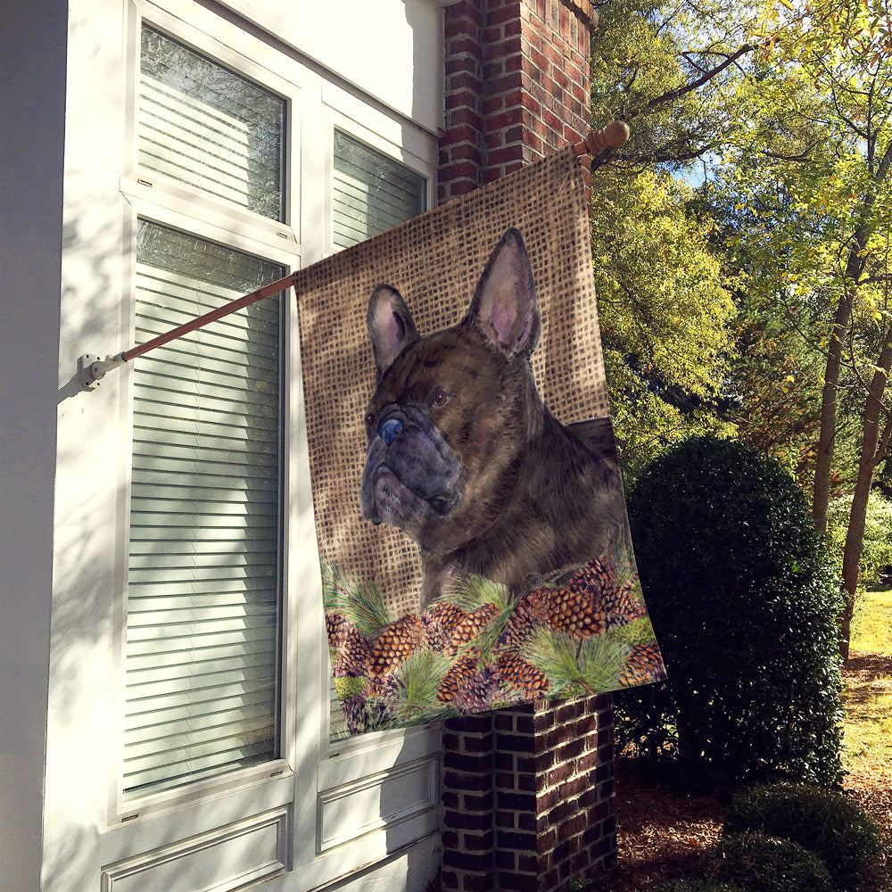 French Bulldog on Faux Burlap with Pine Cones House Flag 28x40 Porch Sleeve Pole Decorative Outside Yard Banner Artwork Wall Hanging, Polyester