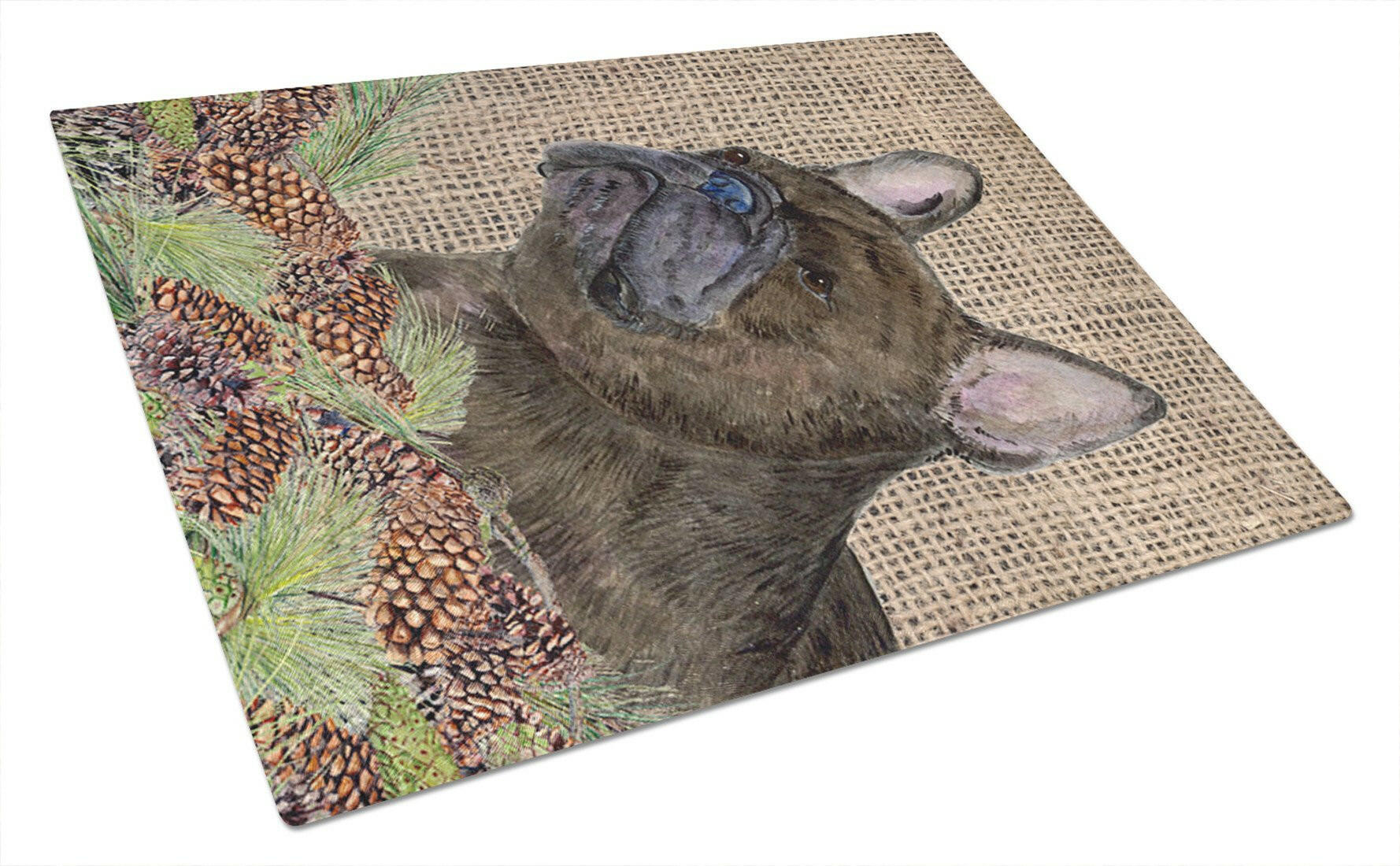 French Bulldog on Faux Burlap with Pine Cones Cutting Board Tempered Glass Kitchen Cutting Surface, Heat Resistant Chopping, Non-Slip Feet, Food Prep & Serving